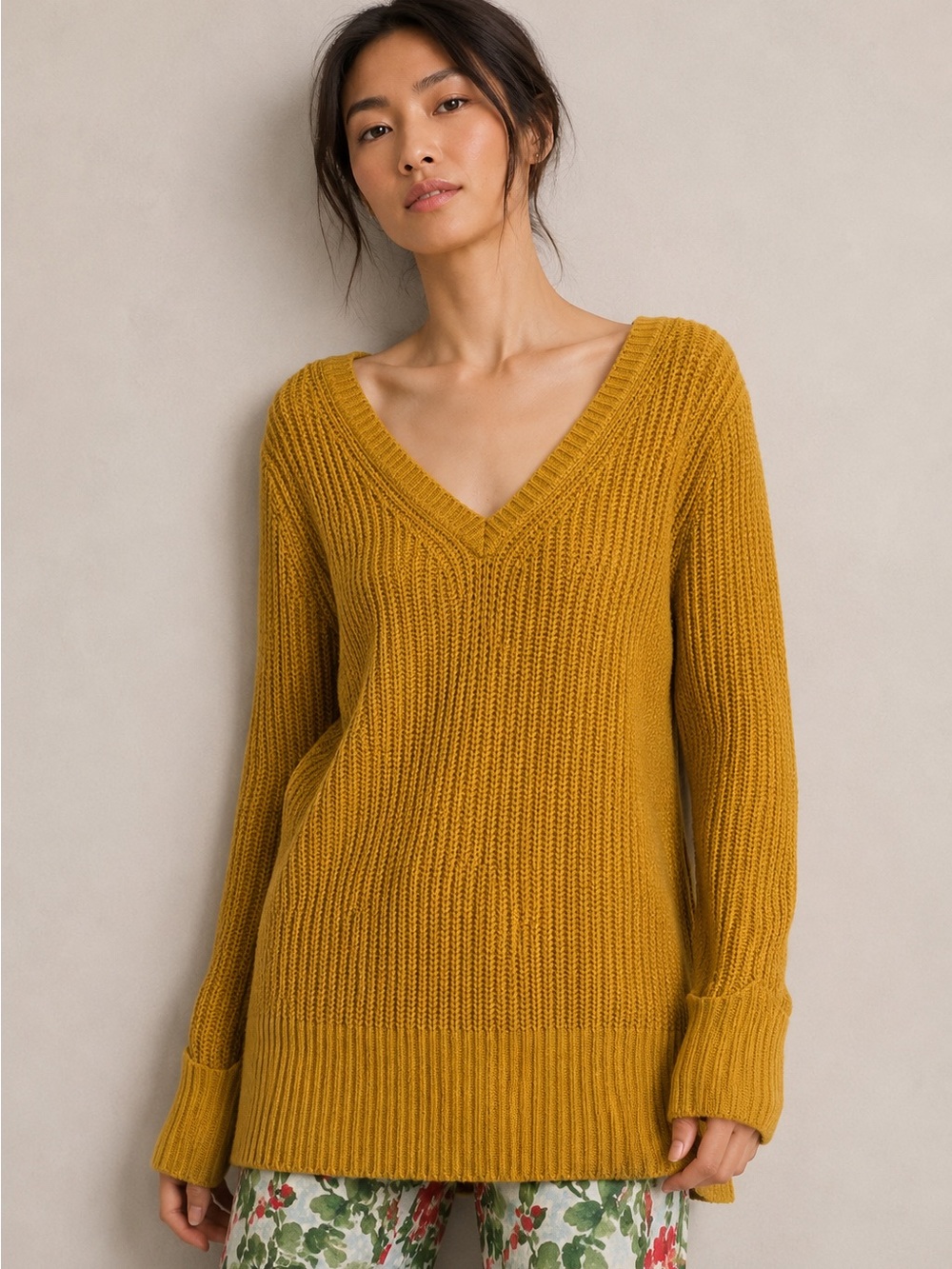 Ruby Moon Cotton Wool Blend Mustard Loose Knit Deep V-Neck Sweater Oversized Sml